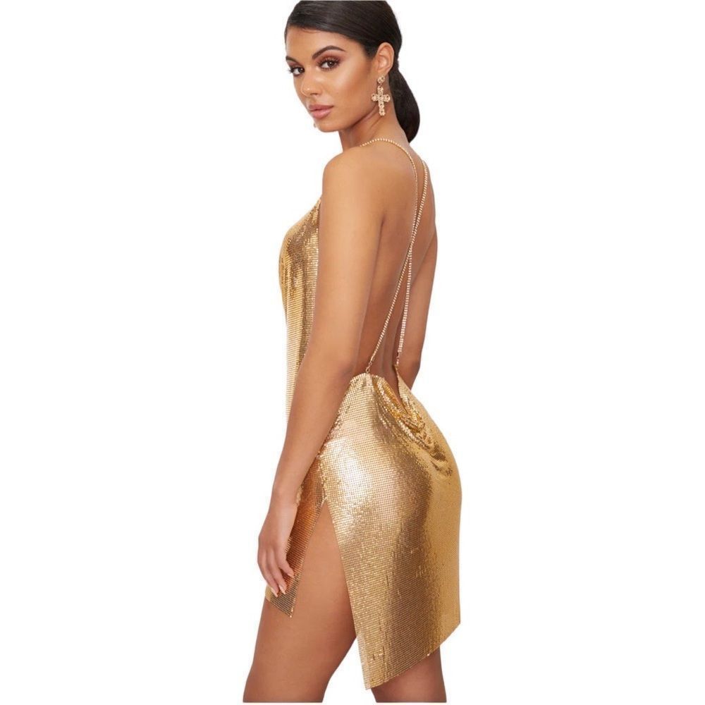 PrettyLittleThing Gold Chainmail Diamante Strap Dress